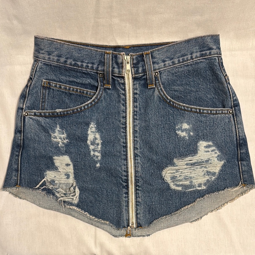 Carmar Blue Distressed Denim Mini Skirt with Zip Front Sz. 26